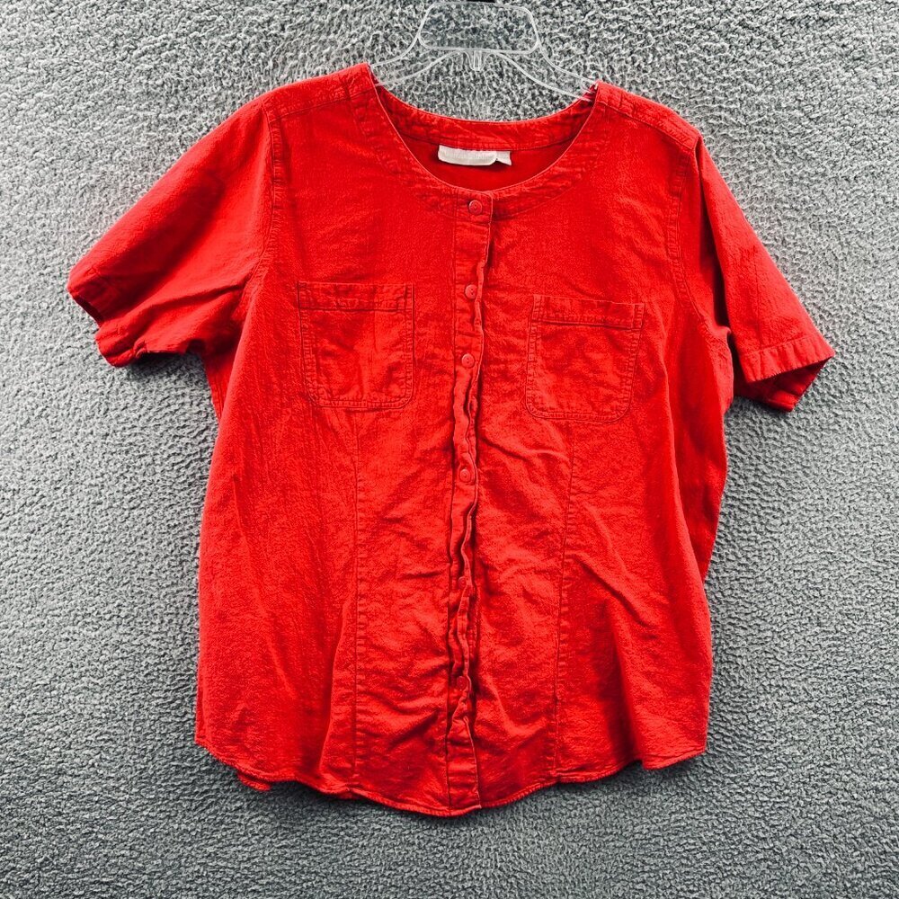 Woman Within Women Top 18/20 Red 100% Cotton Button Front Short Sleeve Shirt‎